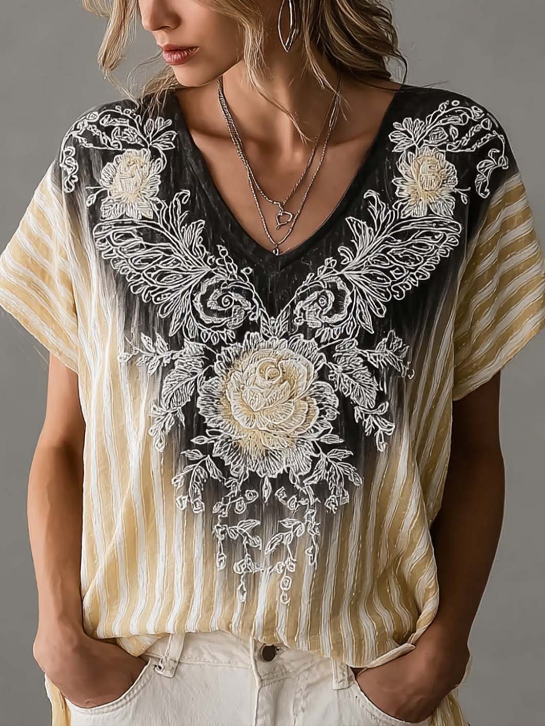 Women's striped color-blocking design butterfly floral pattern print linen short-sleeved T-shirt