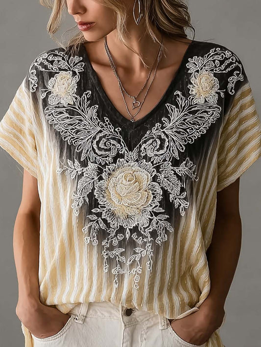 Women's striped color-blocking design butterfly floral pattern print linen short-sleeved T-shirt