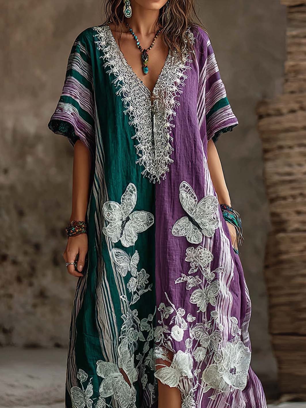 Women's striped color-blocking design butterfly floral pattern print  V-neck dress
