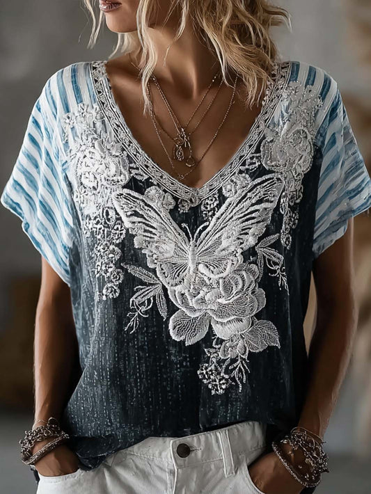 Women's striped color-blocking design butterfly floral pattern print linen short-sleeved T-shirt