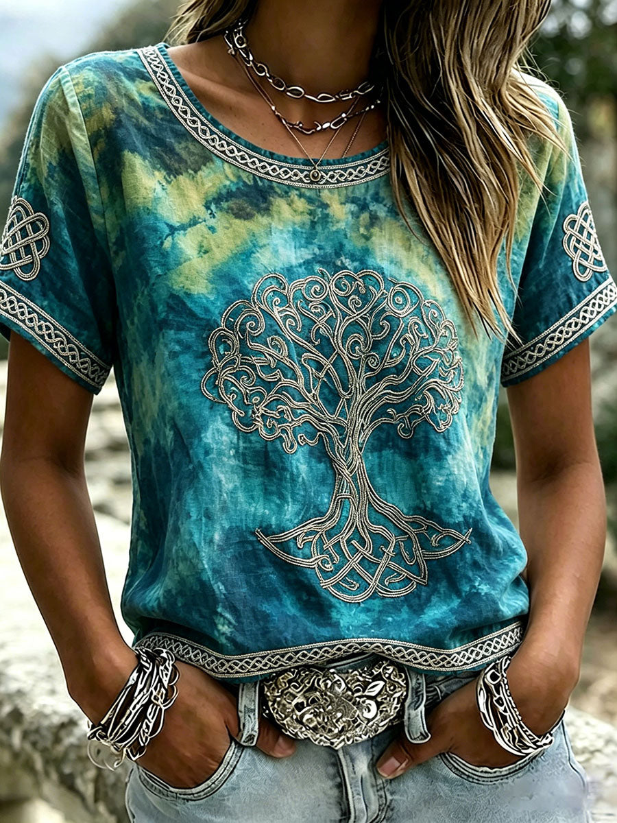 Women's Viking Celtic Tree Of Life Print Linen Short-sleeved T-shirt
