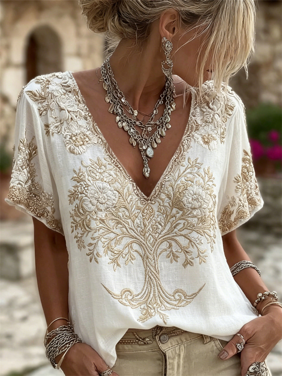 Women's Classy Tree of Life Floral Art Print linen short-sleeved T-shirt