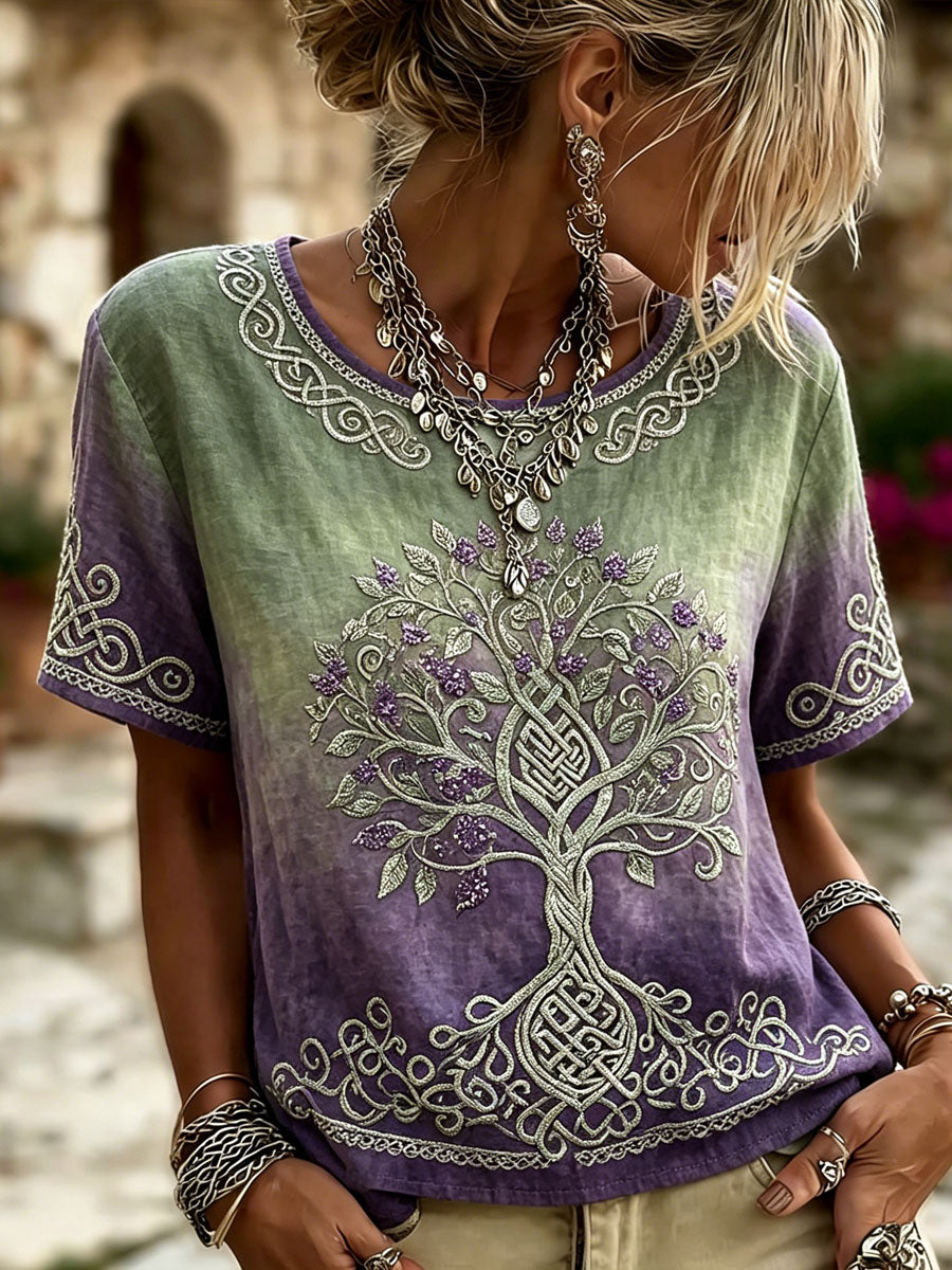 Women's Vintage Viking Tree Of Life Celtic Print Gradient Linen Short-sleeved T-shirt
