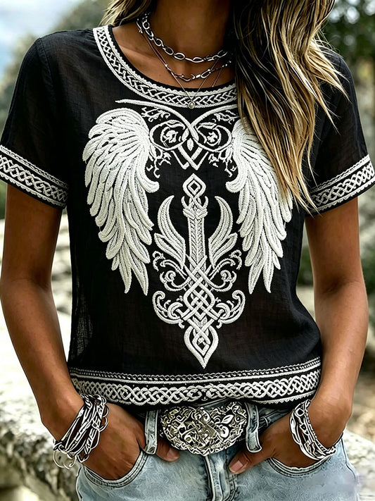 Women's Vintage Viking Celtic Wings Print Linen Short-sleeved T-shirt