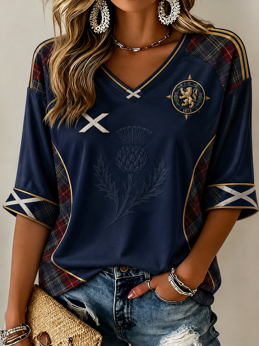 Women's Scottish Football Pattern Linen V-Neck Shirt
