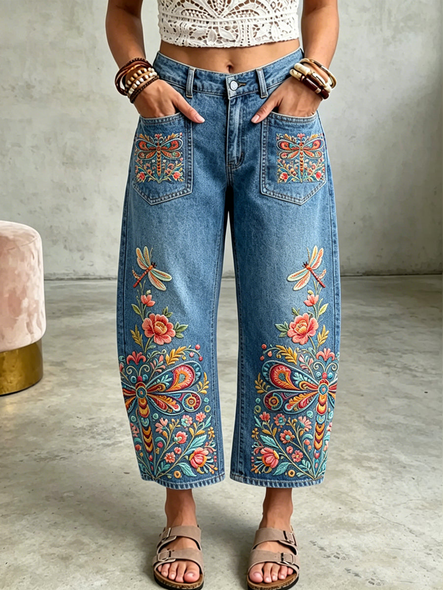 Women's Animal Dragonfly Art Print Pocketing Trousers