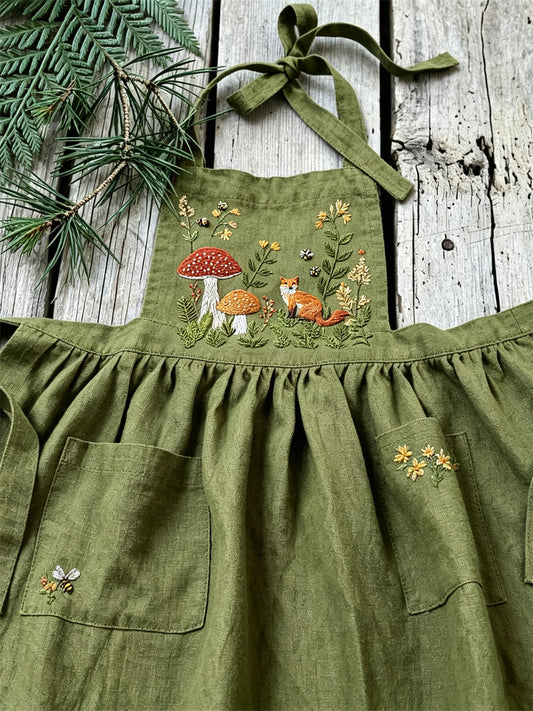 Women's Vintage Forest Fox Mushroom Floral Print Pleated Linen Maxi Pinafore Dress