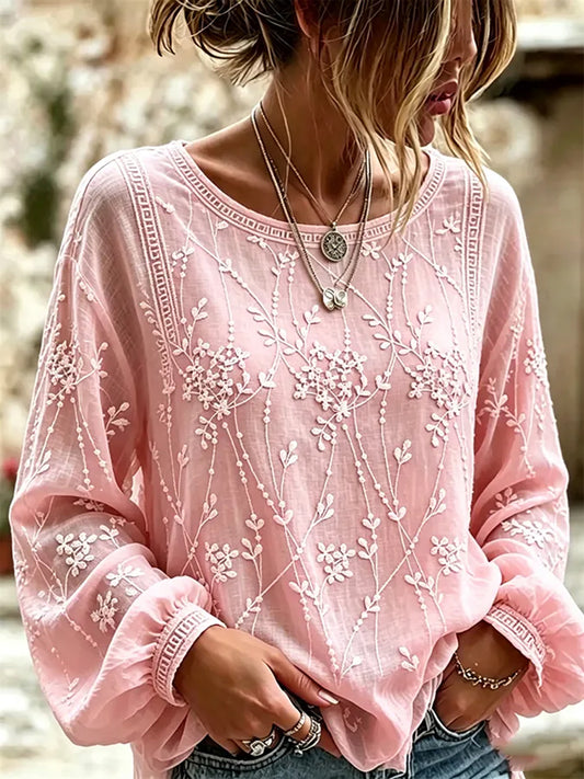 Women's Breast Cancer Pink Flowers Print Cotton-Linen Shirt