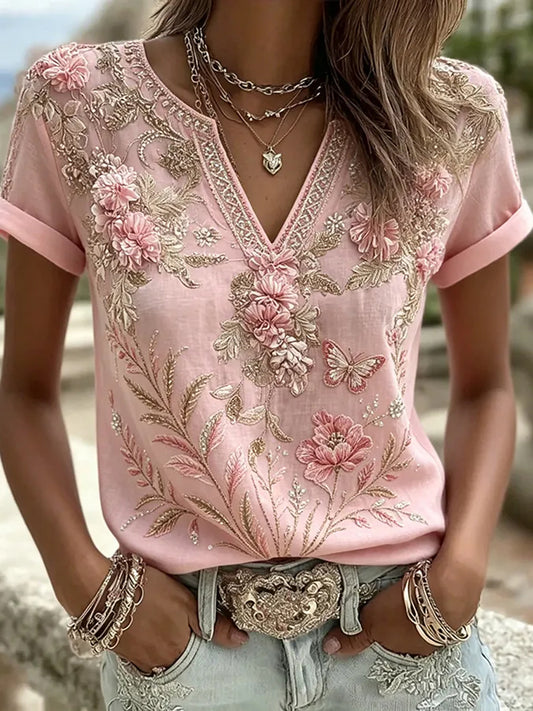 Women's Breast Cancer Pink Flowers Print V-Neck Casual T-Shirt