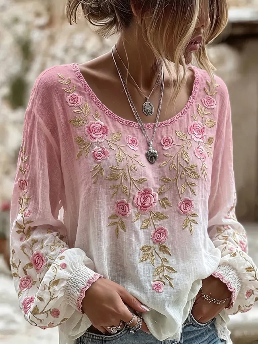 Women's Breast Cancer Pink Flowers Print Cotton-Linen Shirt