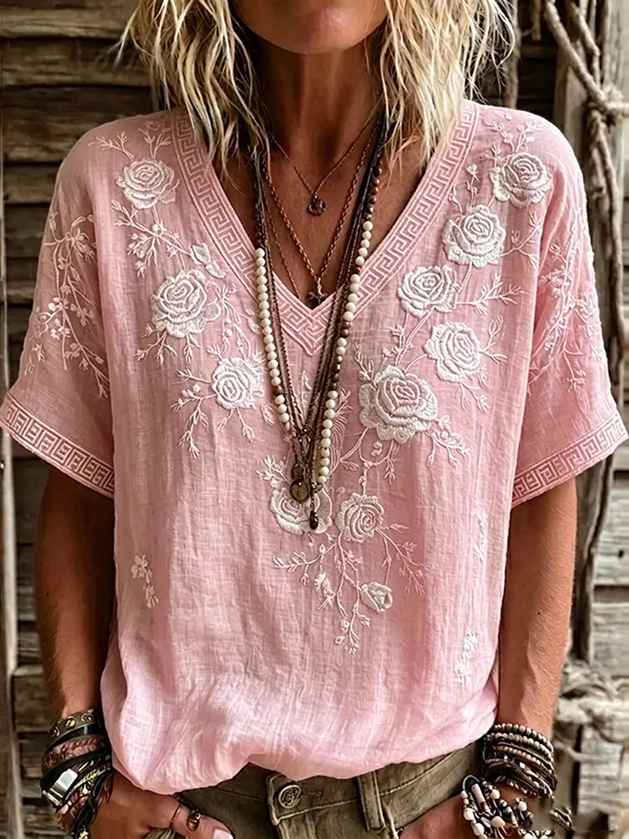 Women's Breast Cancer Pink Flowers Print V-Neck Casual T-Shirt