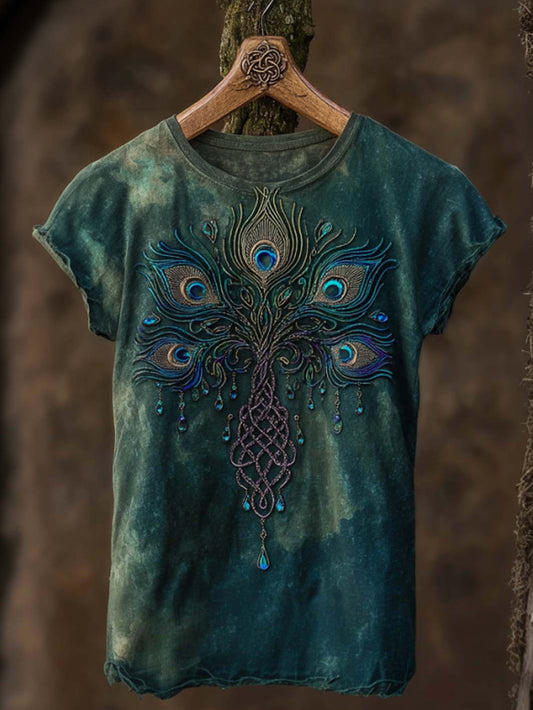 Women's retro Viking style peacock feather pattern printed casual washed short-sleeve T-shirt