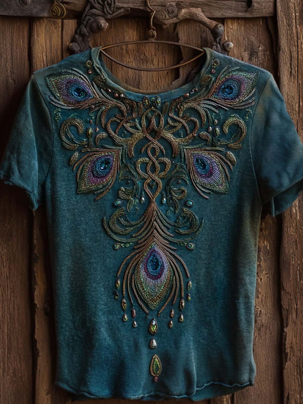 Women's retro Viking style peacock feather pattern printed casual washed short-sleeve T-shirt