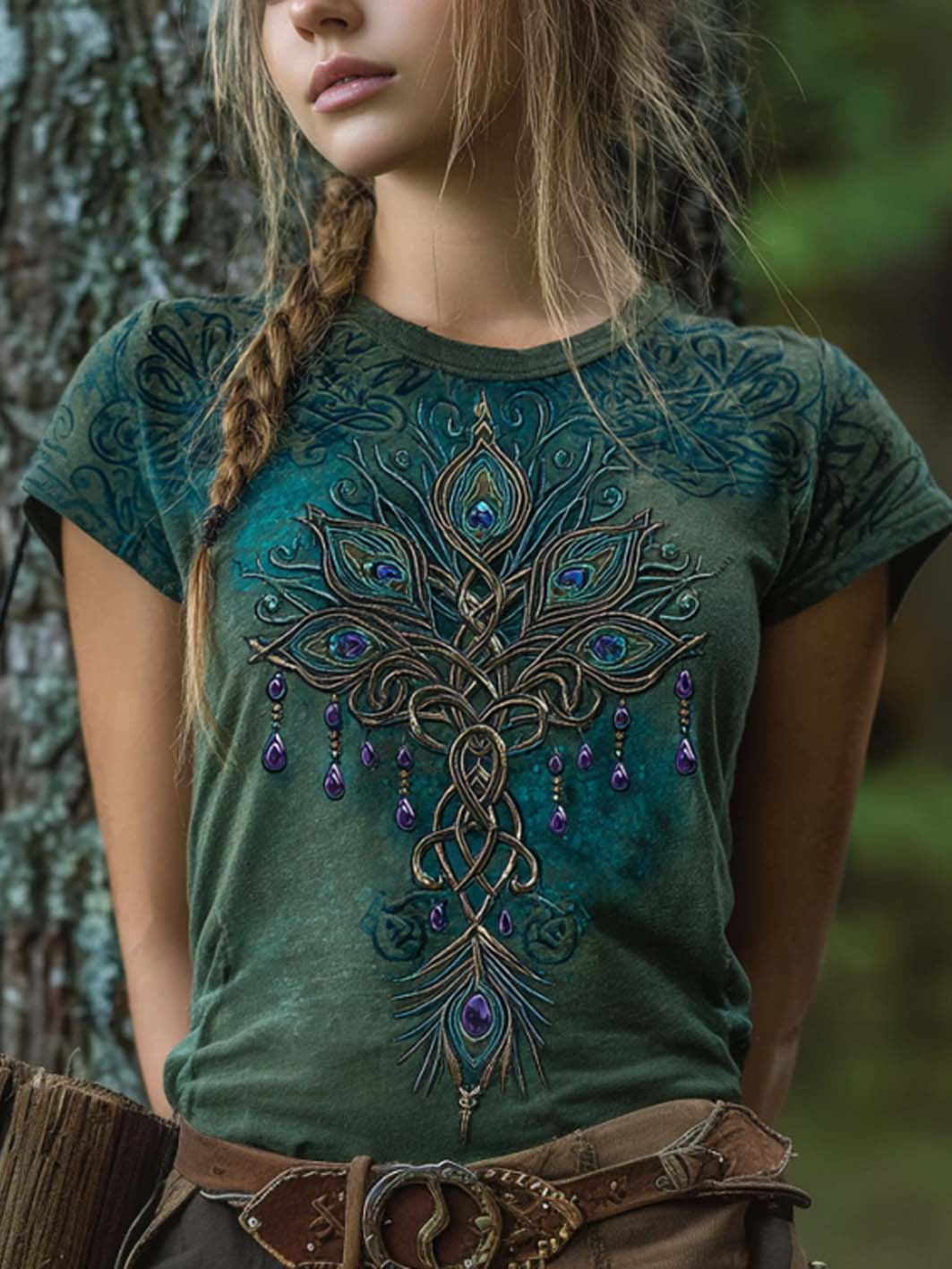 Women's retro Viking style peacock feather pattern printed casual washed short-sleeve T-shirt