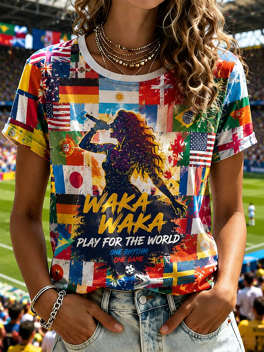 Women's Short-Sleeved T-Shirt With Football Music Print