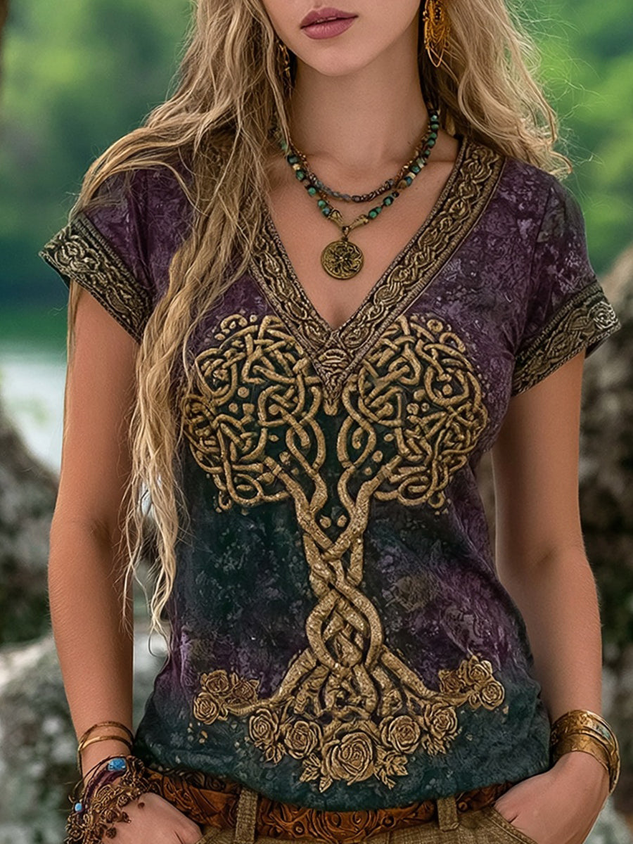 Women's Viking Tree Of Life Celtic Roses Print Short-sleeved T-shirt