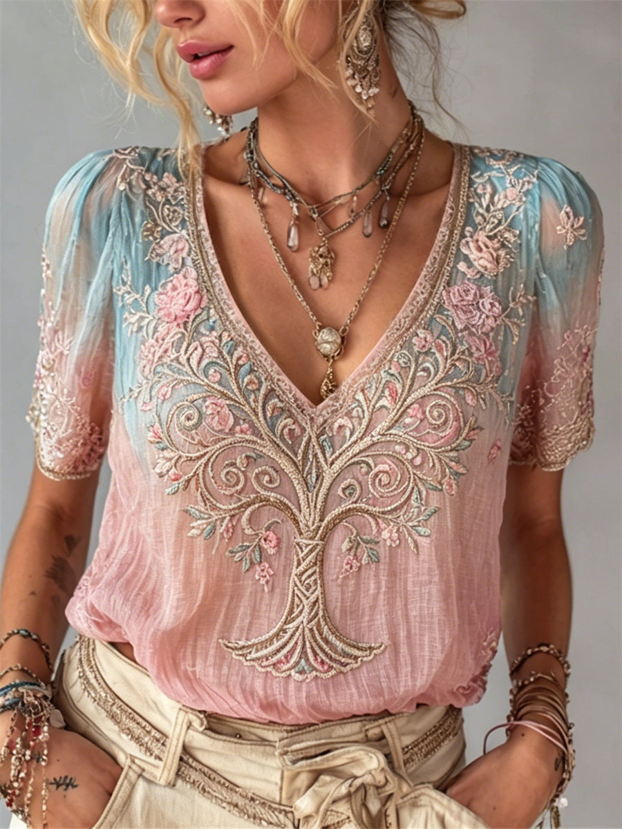 Women's Vintage Tree of Life Pink Floral Print Gradient linen short-sleeved T-shirt