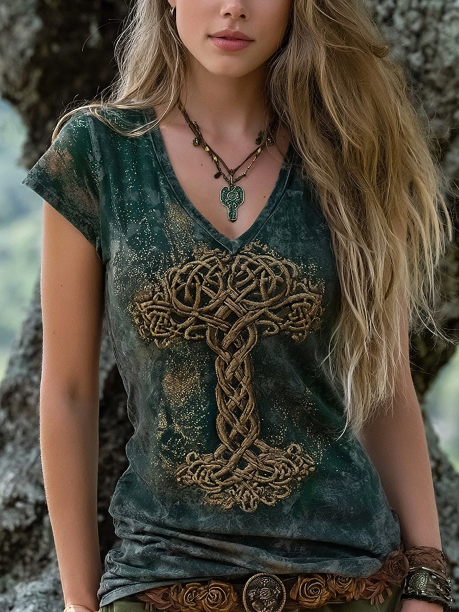 Woman's Vintage Viking Celtic Tree Of Life Print V-neck T-shirt