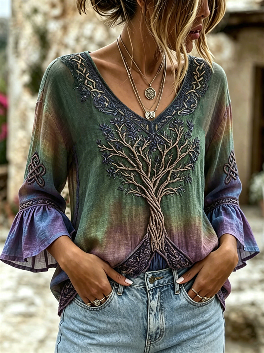 Women's Viking Tree of Life Celtic Print Mystical Dyed Cotton-Linen Shirt