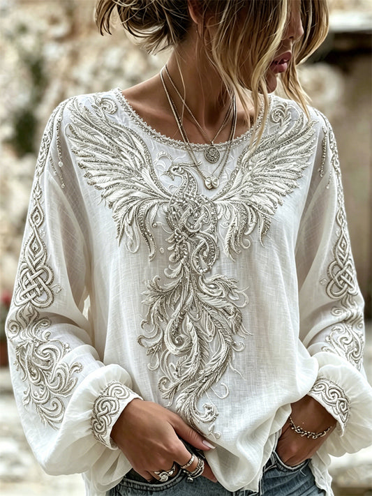 Women's Classy Phoenix Celtic Knot Print Cotton-Linen Shirt
