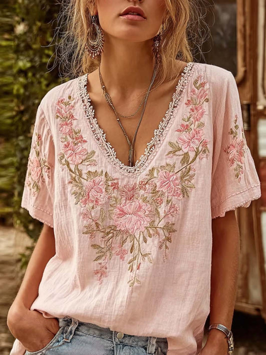 Women's floral pattern print linen short-sleeved T-shirt