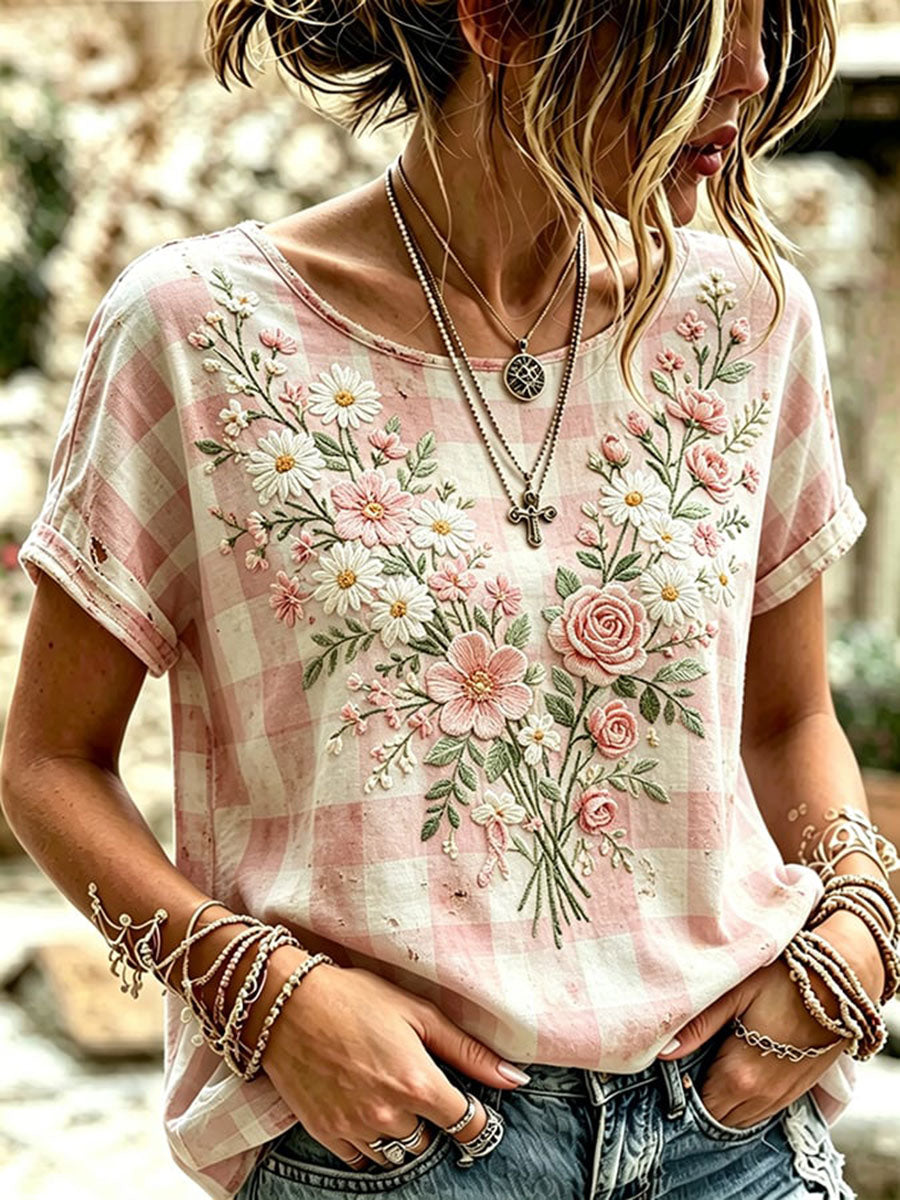 Women's Pink Floral Art Print Casual T-shirt
