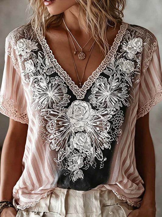 Women's floral pattern print linen short-sleeved T-shirt
