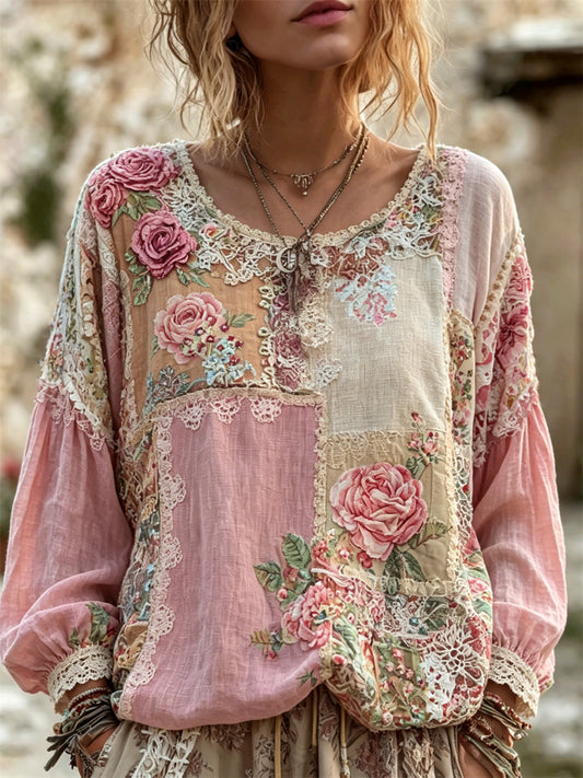 Women's Vintage Pink Roses Colorblock Patchwork Print Cotton-Linen Shirt