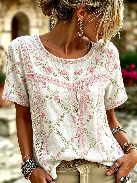 Women's Classy Cottagecore Floral Art Print linen short-sleeved T-shirt