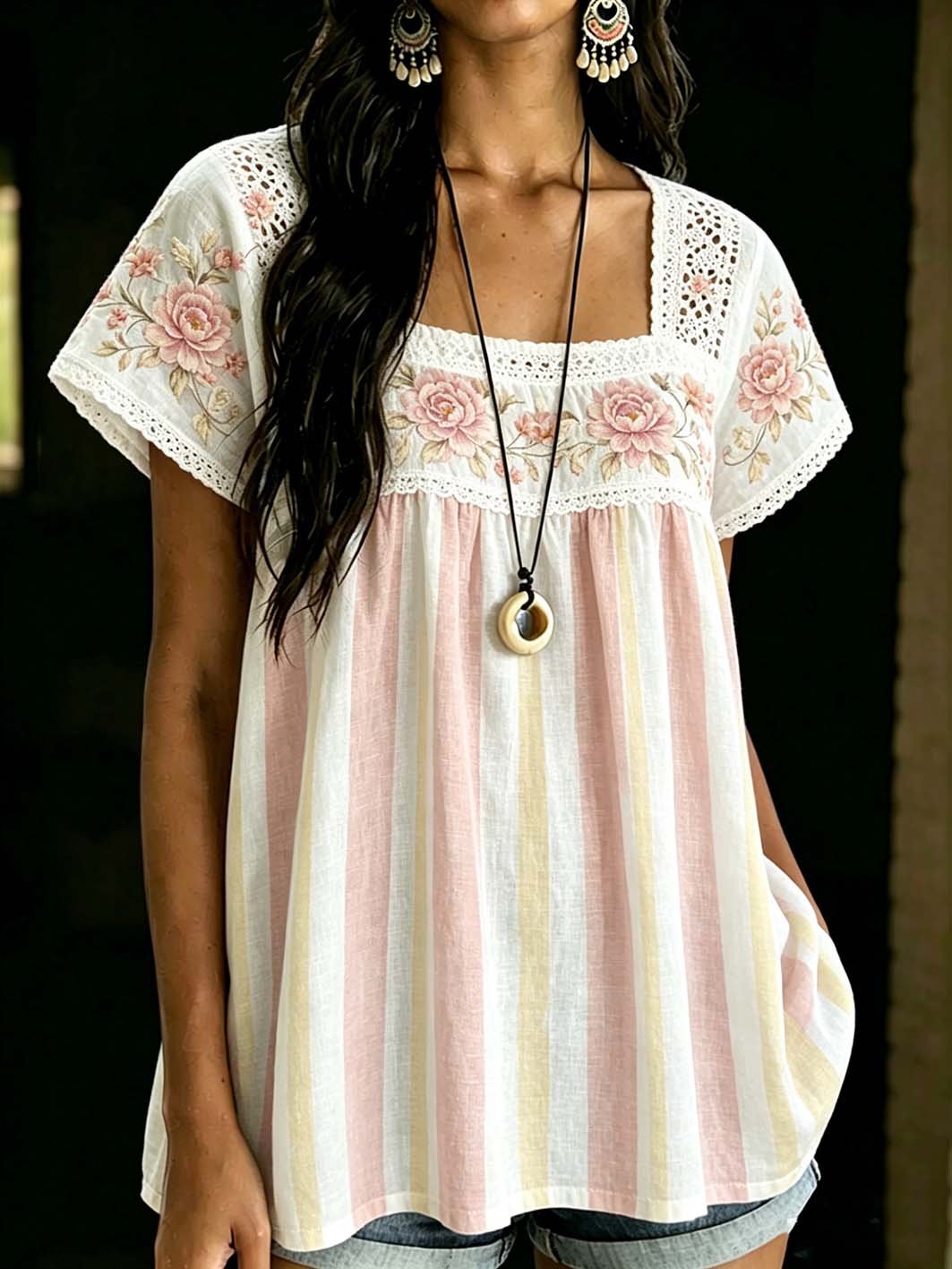 Women's floral pattern print linen short-sleeved T-shirt