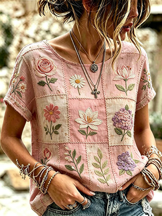 Women's Pink Floral Art Print Casual T-shirt