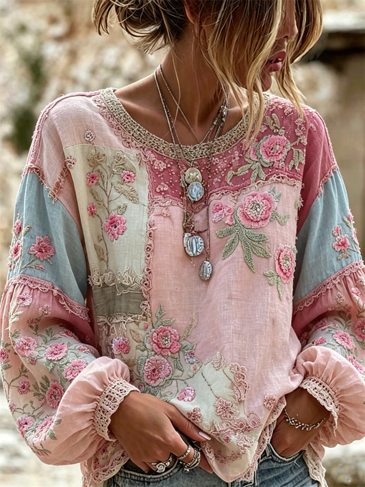 Women's Vintage Boho Floral Colorblock Print Cotton-Linen Shirt