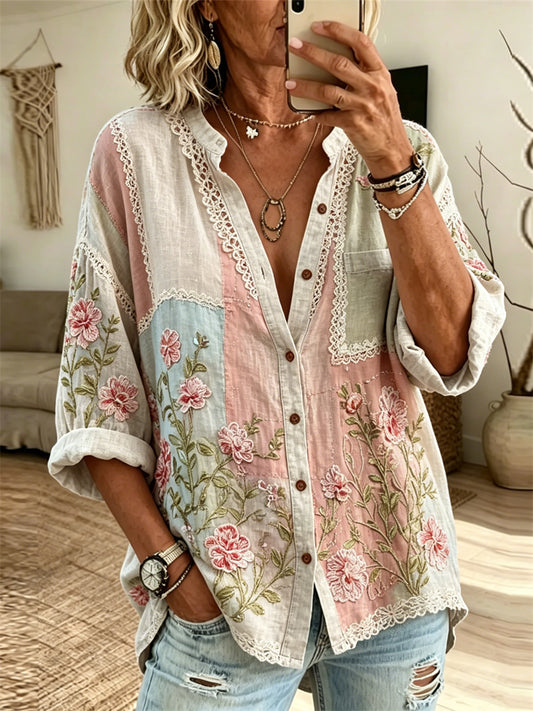 Women's Vintage Cottagecore Pink Floral Colorblock Print Blouse