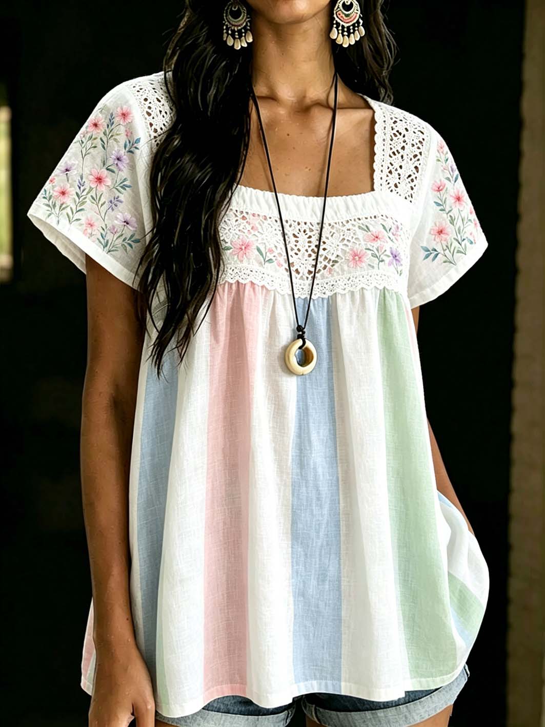 Women's floral pattern print linen short-sleeved T-shirt