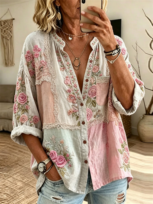 Women's Cottagecore Pink Roses Floral Colorblock Print Linen Blouse