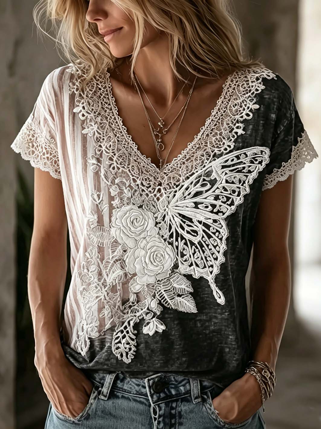 Women's floral pattern print linen short-sleeved T-shirt