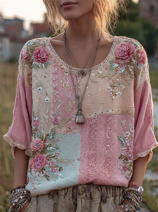 Women's Vintage Pink Roses Colorblock Texture Art Print Linen Tunic