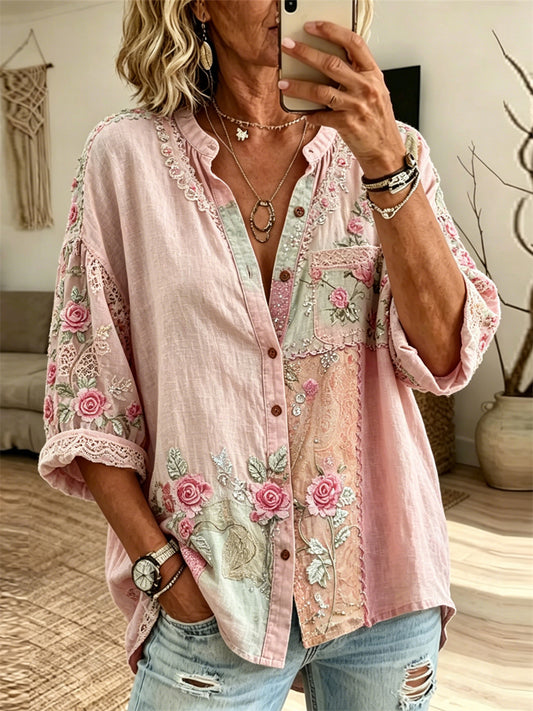 Women's Vintage Classy Pink Roses Colorblock Art Print Linen Blouse