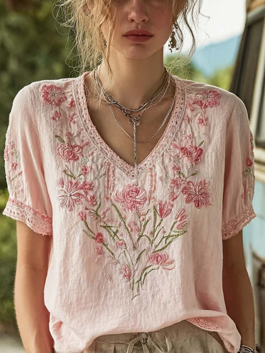 Women's floral pattern print linen short-sleeved T-shirt