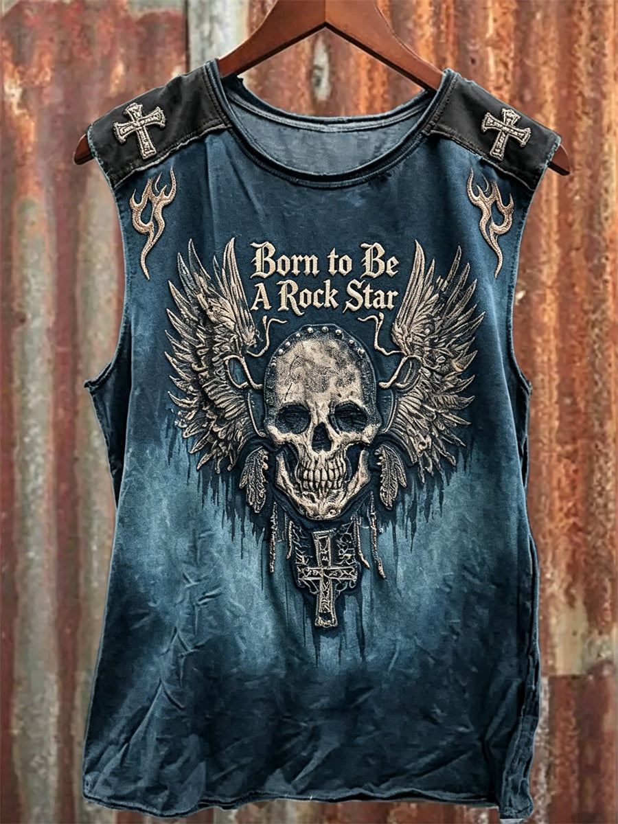 Men's Born To Be A Rock Star Skull with Wings Print Racket Vest