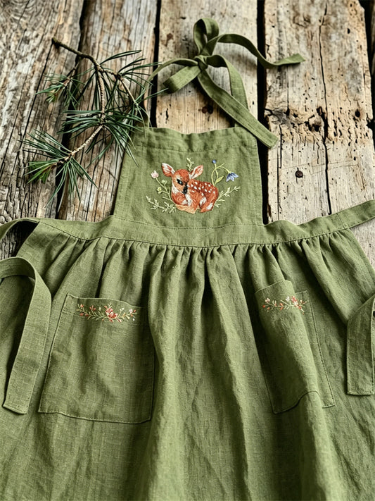 Women's Vintage Forest Deer Floral Print Patch Pockets Pleated Maxi Pinafore Dress