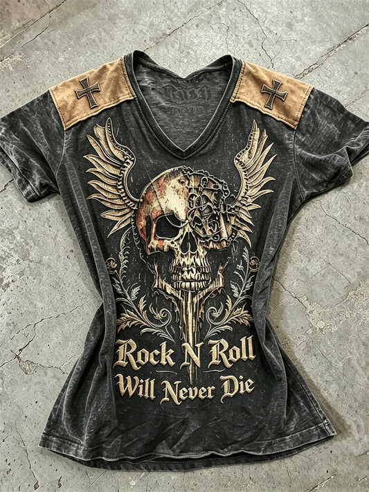 Women's Rock N Roll Will Never Die Skull with Wings Print short-sleeved T-shirt