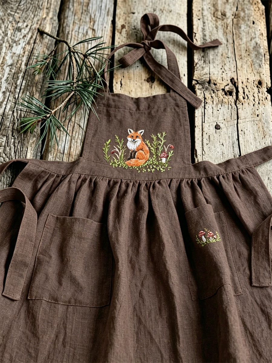 Women's Vintage Fox & Mushroom Floral Print Patch Pockets Pleated Maxi Pinafore Dress