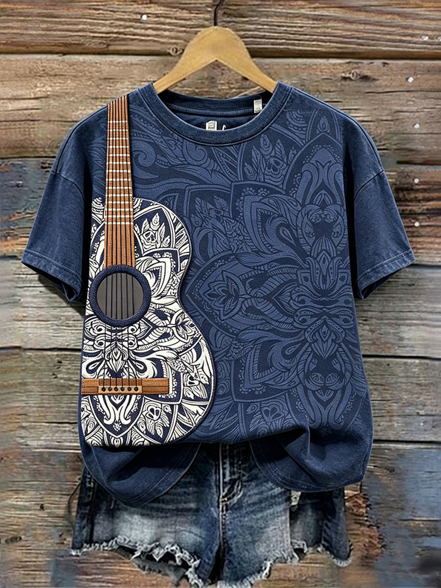 Women's Vintage Musical Guitar Pattern Print Washed Short-sleeved T-shirt