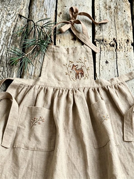 Women's Vintage Forest Deer Floral Print Patch Pockets Pleated Maxi Pinafore Dress
