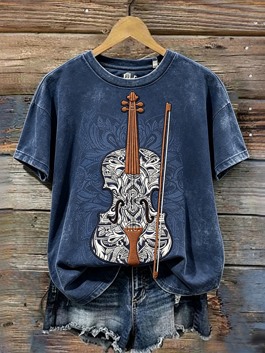 Women's Vintage Guitar Pattern Musical Art Print Short-sleeved T-shirt