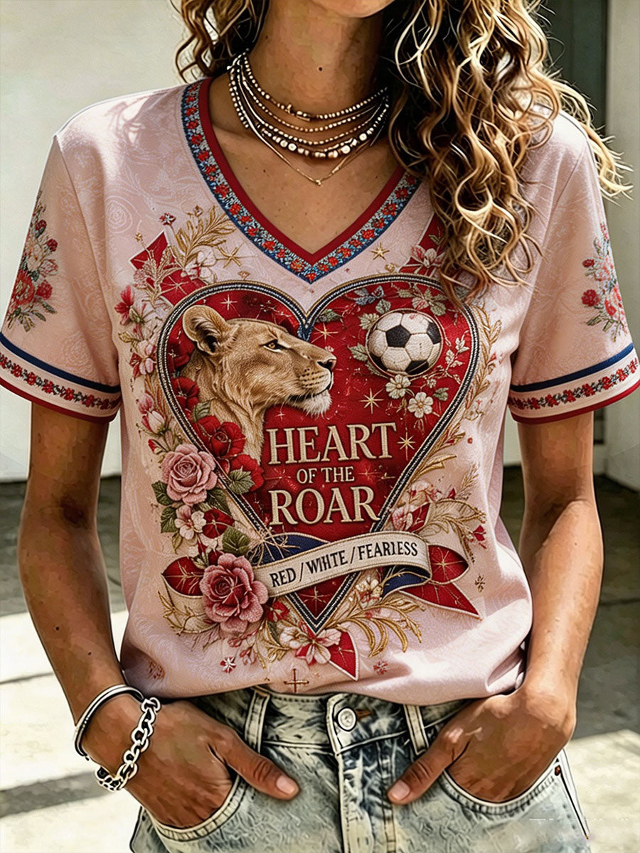 Women's England Lioness Football Lover Roses Art Printed T-shirt