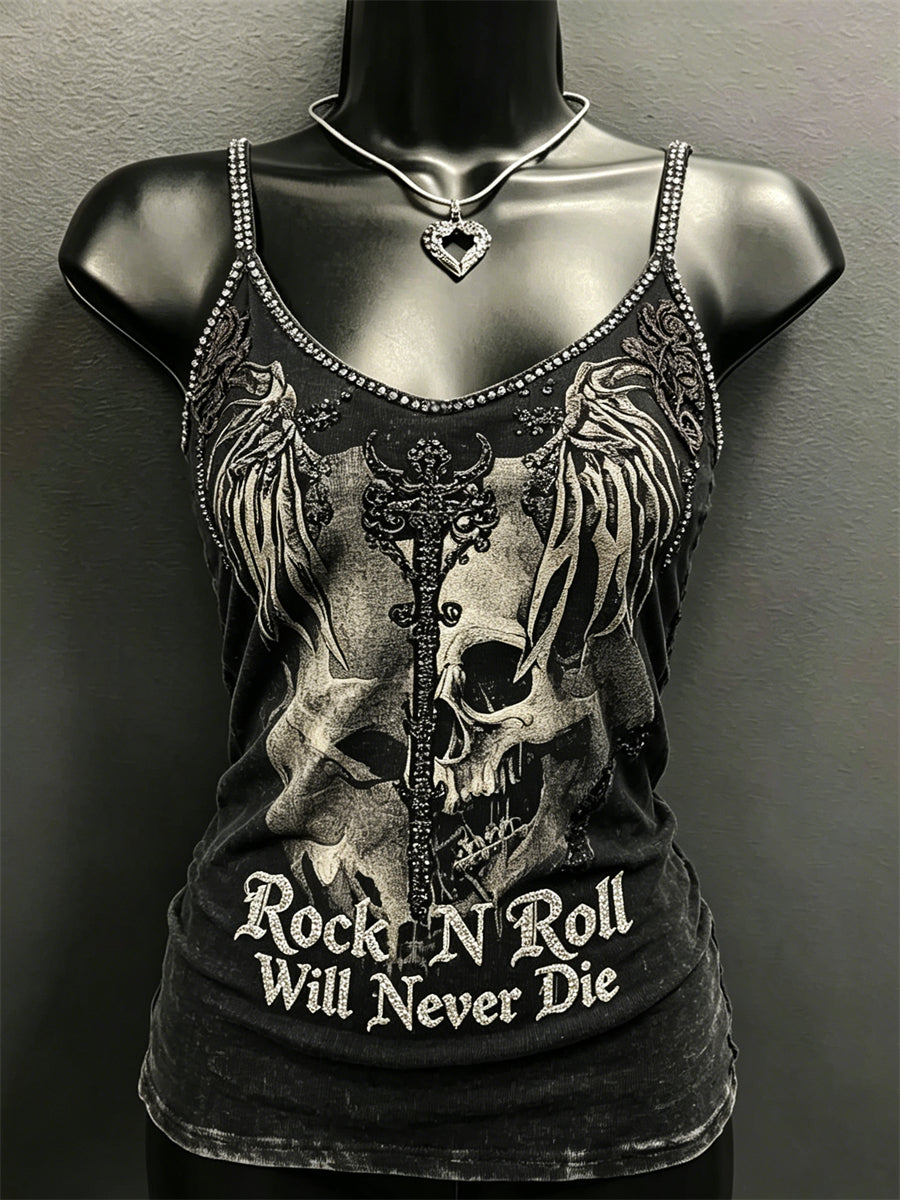 Women's Rock N Roll Will Never Die Skull & Cross Print Spaghetti-Strap Tank Top