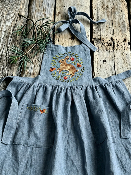 Women's Vintage Forest Bunny Floral Print Patch Pockets Pleated Maxi Pinafore Dress