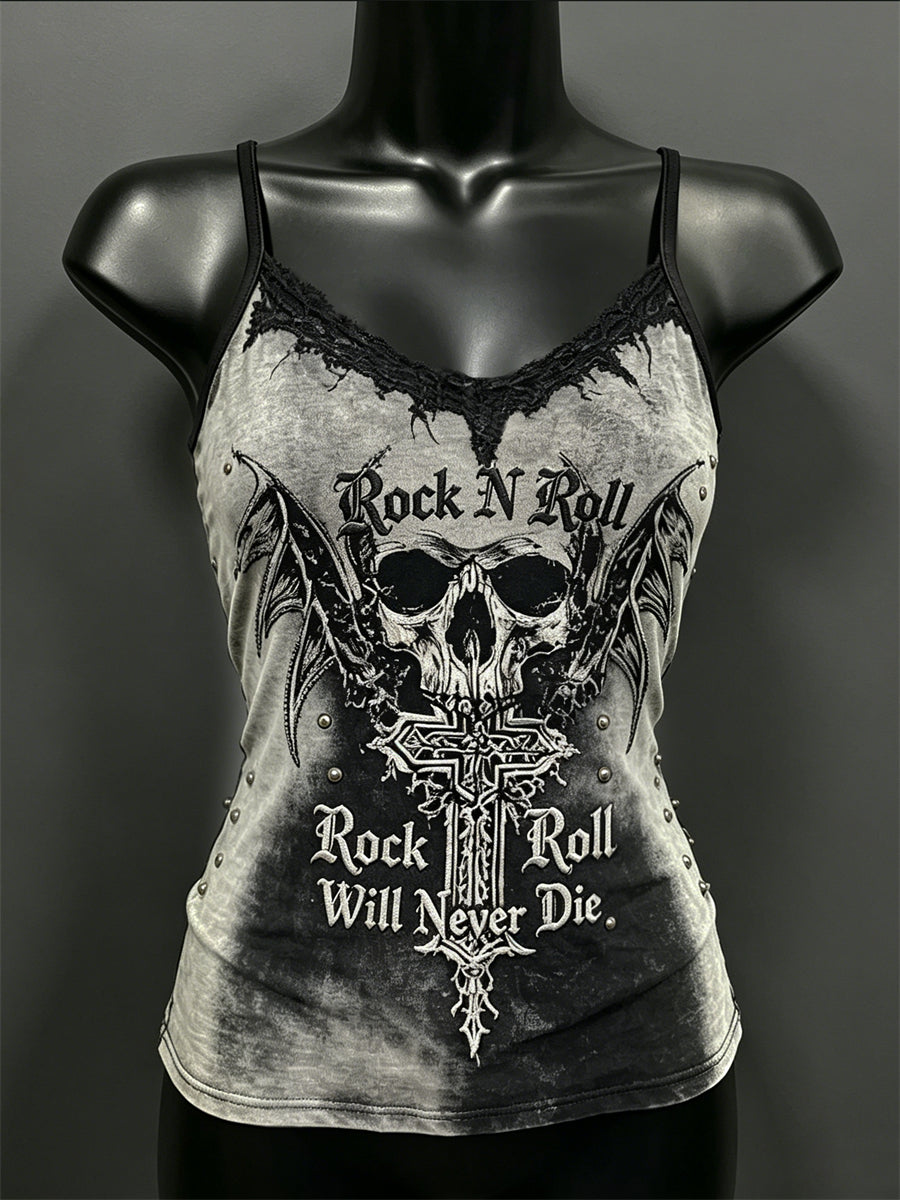 Women's Rock N Roll Will Never Die Skull & Cross Print Spaghetti-Strap Tank Top